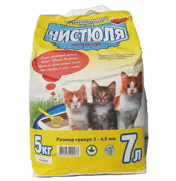 chistyulya yunior bentonitovyj napolnitel dlya koshachego tualeta 5 kg granula 3 45 mm