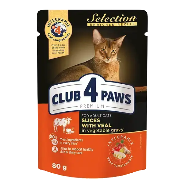 Club 4 Paws Premium Selection Vlazhnyj Korm Dlya Vzroslyh Koshek Kusochki Telyatiny I Ovoshhi V Souse Upakovka 24sht 0085 Kg