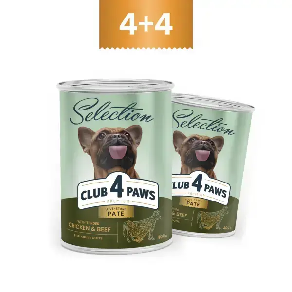 Club 4 Paws Premium Selection Vlazhnyj Polnoraczionnyj Korm Dlya Vzroslyh Sobak Pashtet S Kuriczej I Govyadinoj 400gr X 4sht Podarok