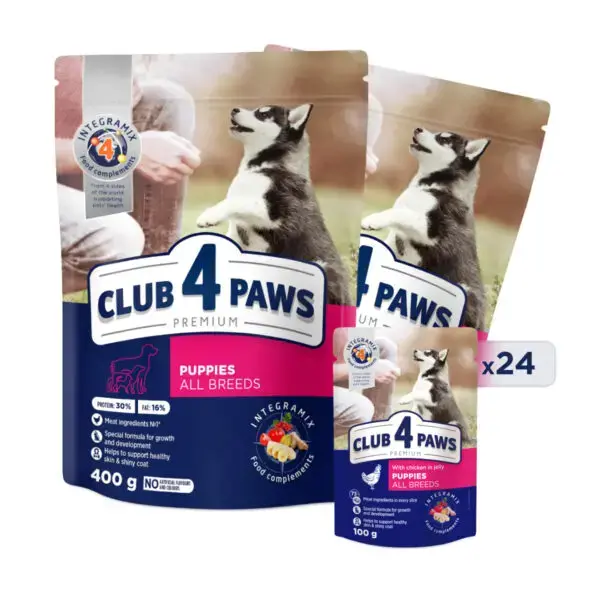 Club 4 Paws Premium Vlazhnyj Korm Dlya Shhenkov Vseh Porod S Kuriczej V Zhele Upakovka 24 Sht H 100gr 2up H 400gr V Podarok