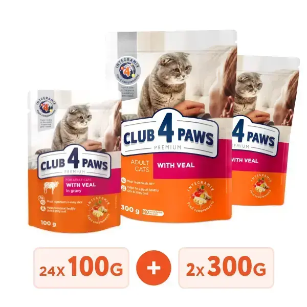 Club 4 Paws Premium Vlazhnyj Korm Dlya Vzroslyh Koshek S Telyatinoj V Souse Upakovka 24 Sht 01 Kg Podarok