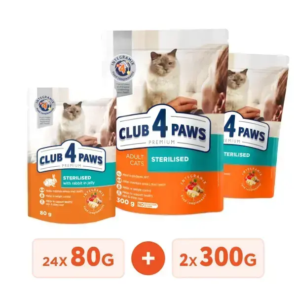 Club 4 Paws Premium Vlazhnyj Korm Dlya Vzroslyh Sterilizovannyh Koshek S Krolikom V Zhele Upakovka 24 Sht 008 Kg Podarok